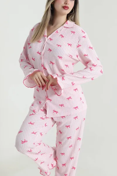 Pembe Bürümcük Düğmeli Kadın Pijama Takımı 493647