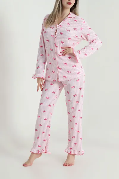 Pembe Bürümcük Düğmeli Kadın Pijama Takımı 493647