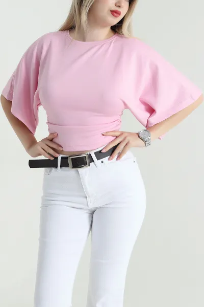 Pembe Büzgülü Crop Kadın Bluz 466226