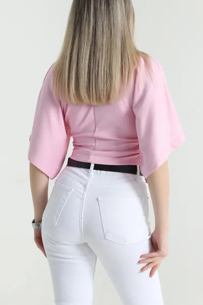 Pembe Büzgülü Crop Kadın Bluz 466226