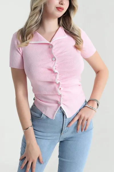 Pembe Büzgülü Düğmeli Kadın Triko 477748