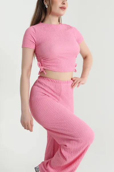 Pembe Büzgülü Gofre Kadın İkili Takım 469765