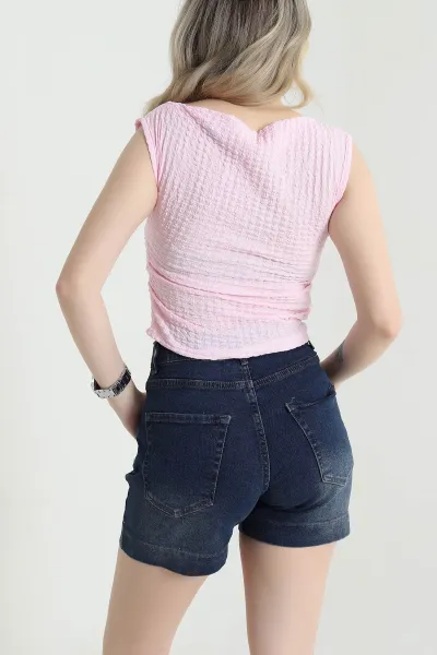 Pembe Büzgülü Kolsuz Gofre Kadın Bluz 456290