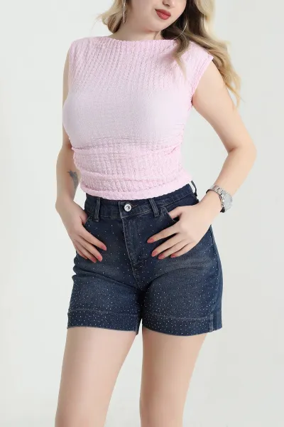 Pembe Büzgülü Kolsuz Gofre Kadın Bluz 456290