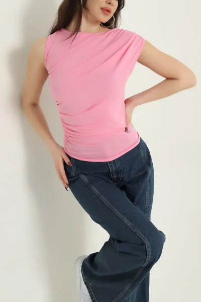 Pembe Büzgülü Kolsuz Kadın Buzzy Bluz 437046