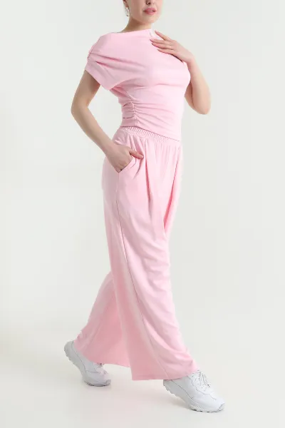 Pembe Büzgülü Likralı Modal Kadın İkili Takım 452560