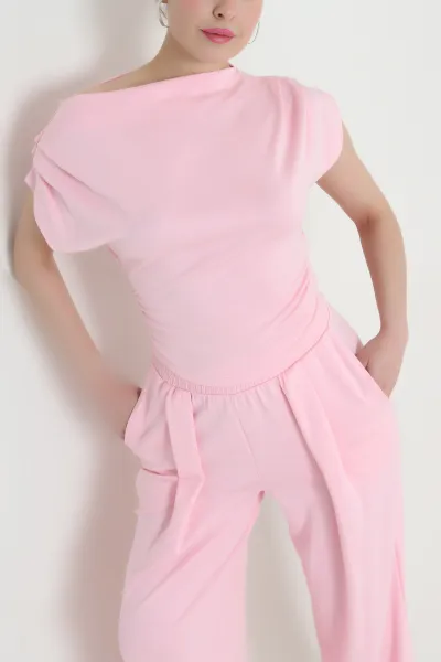 Pembe Büzgülü Likralı Modal Kadın İkili Takım 452560