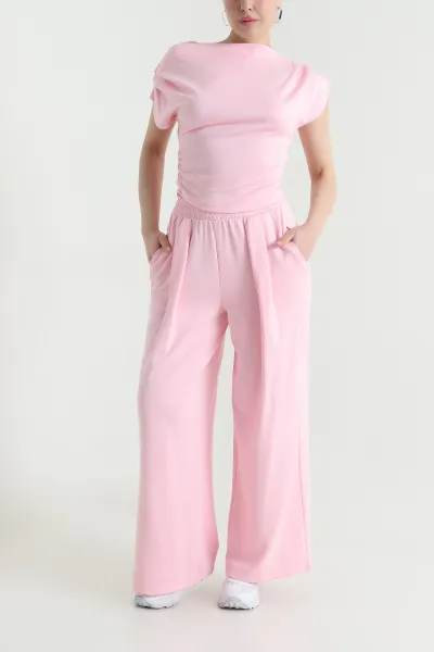 Pembe Büzgülü Likralı Modal Kadın İkili Takım 452560