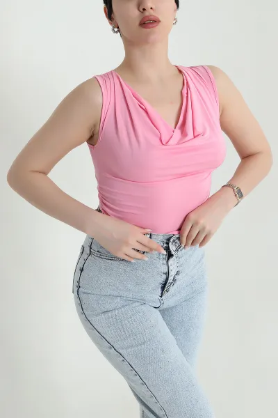 Pembe Büzgülü Likralı Sandy Kadın Bluz 451338