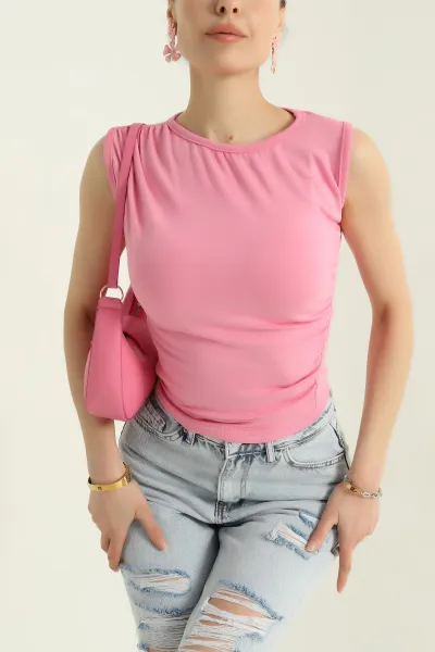 Pembe Büzgülü Likralı Viskon Kumaş Bisiklet Yaka Kadın Bluz 365584