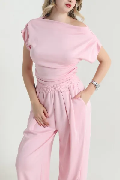 Pembe Büzgülü Modal Kumaş Kadın İkili Takım 467278