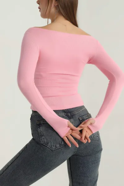 Pembe Buzi Kayık Yaka Parmak Geçmeli Kadın Bluz 400256