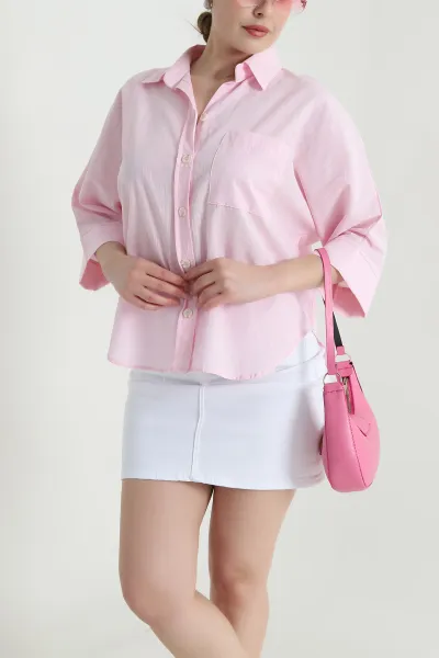 Pembe Cep Detay Keten Kadın Gömlek 465645