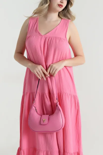 Pembe Cep Detay Müslin Keten Kadın Elbise 465762