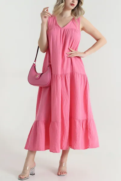 Pembe Cep Detay Müslin Keten Kadın Elbise 465762