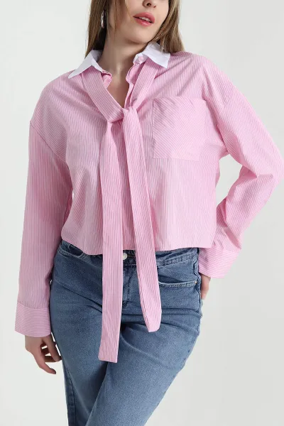 Pembe Cepli Çizgili Poplin Kadın Gömlek 443484