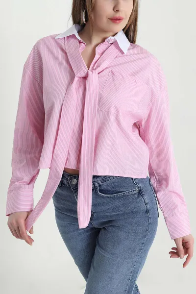 Pembe Cepli Çizgili Poplin Kadın Gömlek 443484