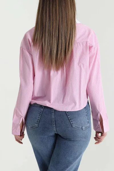 Pembe Cepli Çizgili Poplin Kadın Gömlek 443484
