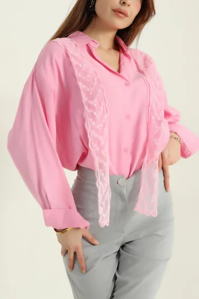 Pembe Cepli Dantel Detay Kadın Keten Gömlek 363340