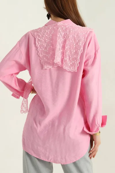 Pembe Cepli Dantel Detay Kadın Keten Gömlek 363340