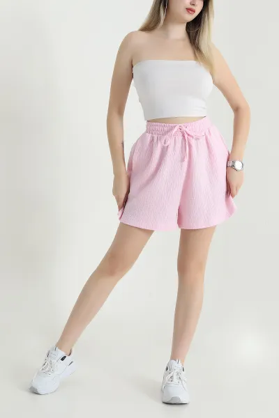 Pembe Cepli Müslin Keten Kadın Şort 470192