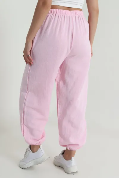 Pembe Cepsiz Müslin Keten Kadın Pantolon 481938