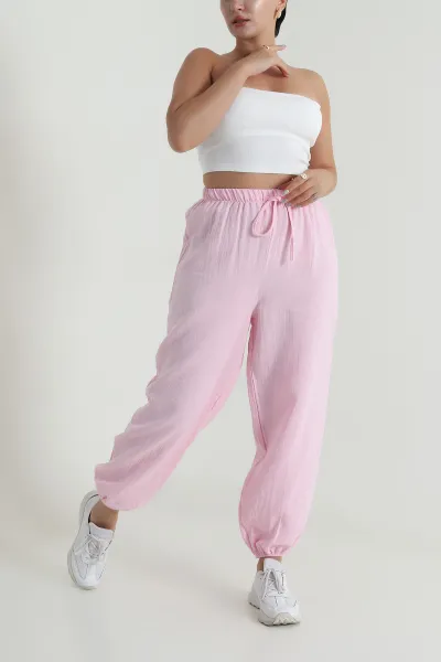 Pembe Cepsiz Müslin Keten Kadın Pantolon 481938