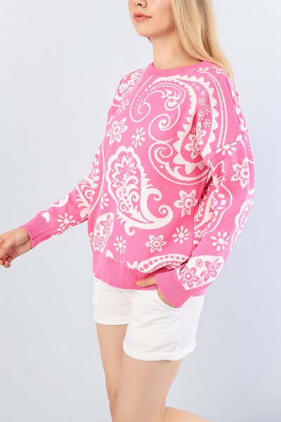Pembe Çiçek Desen Bayan Triko Kazak 77213