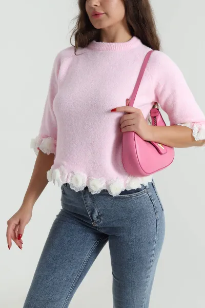 Pembe Çiçek Detay Kadın Triko Kadın Kazak 491212