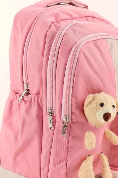 Pembe Çiçek Detaylı Ayıcık Aksesuarlı Bol Gözlü Sırt Çantası 388572