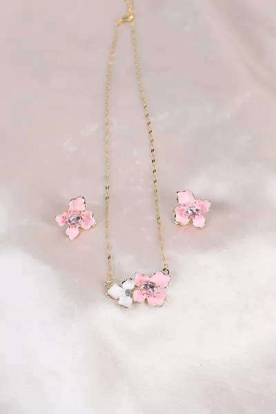 Pembe Çiçek Model Ortası Taşlı Kolye ve Küpe Set   488206
