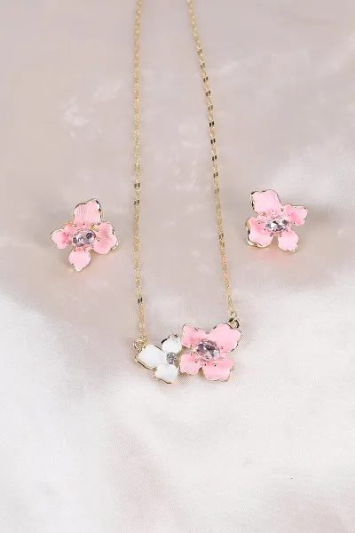 Pembe Çiçek Model Ortası Taşlı Kolye ve Küpe Set   488206