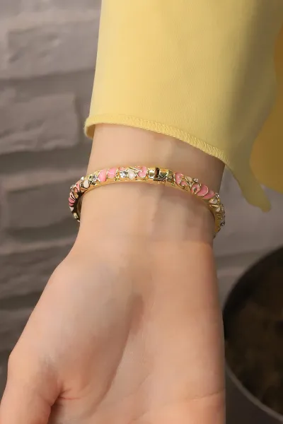 Pembe Çiçek Model Zirkon Taşlı Kelepçe Bilezik 418203