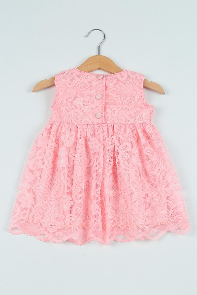 (1-4Yaş)Pembe Çiçekli Astarlı Güpürlü Kız Çocuk Elbise 101162