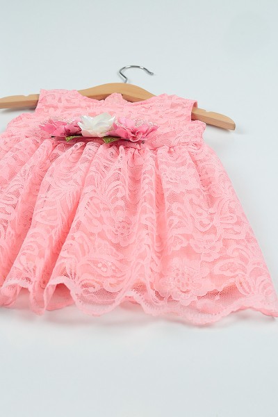 (1-4Yaş)Pembe Çiçekli Astarlı Güpürlü Kız Çocuk Elbise 101162