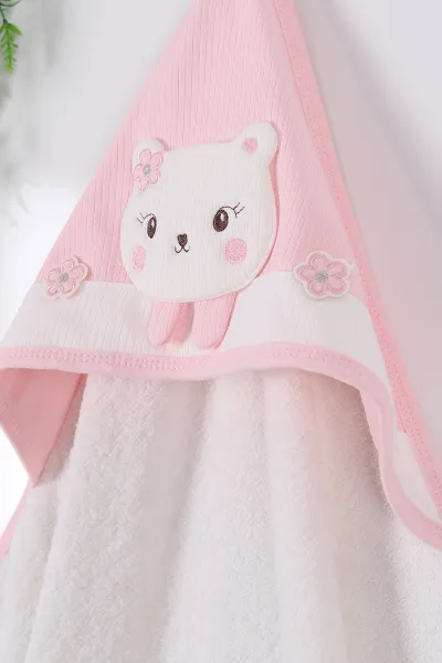 Pembe Çiçekli Kedi Nakışlı Bebe Havlu 261957