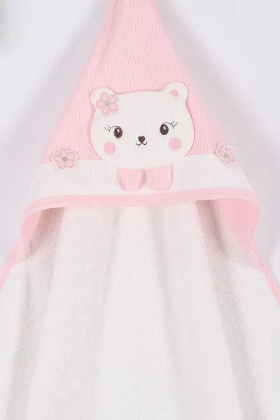 Pembe Çiçekli Kedi Nakışlı Bebe Havlu 261957