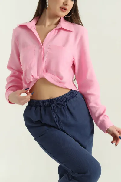 Pembe Çift Cep Önü Bağlı Bayan Crop Gömlek 336865