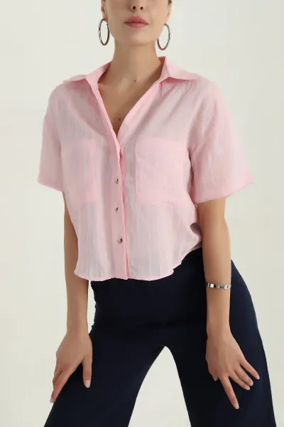 Pembe Çift Cep Viskon Kadın Gömlek 380736