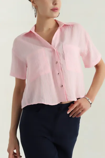 Pembe Çift Cep Viskon Kadın Gömlek 380736