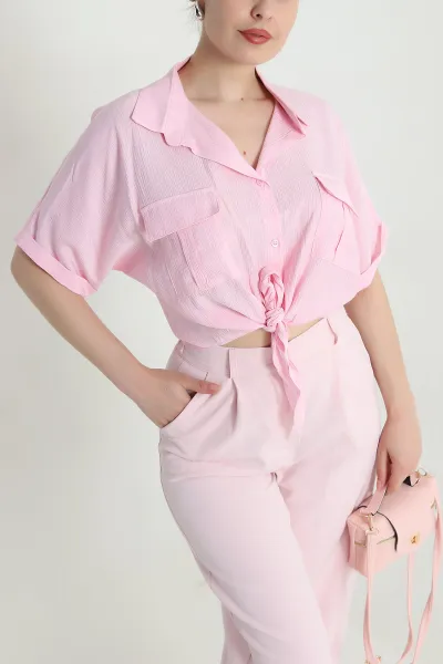 Pembe Çift Cepli Bağlamalı Tamara Kadın Gömlek 468613