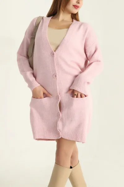 Pembe Çift Cepli Düğmeli Bayan Triko Hırka 302919