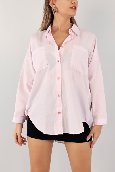 Pembe Çift Cepli Poplin Bayan Gömlek 128093