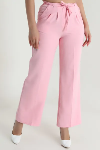 Pembe Çift Pileli Beli Lastikli Kadın Pantolon 482578