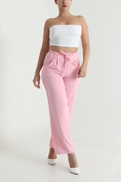 Pembe Çift Pileli Beli Lastikli Kadın Pantolon 482578