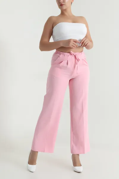 Pembe Çift Pileli Beli Lastikli Kadın Pantolon 482578