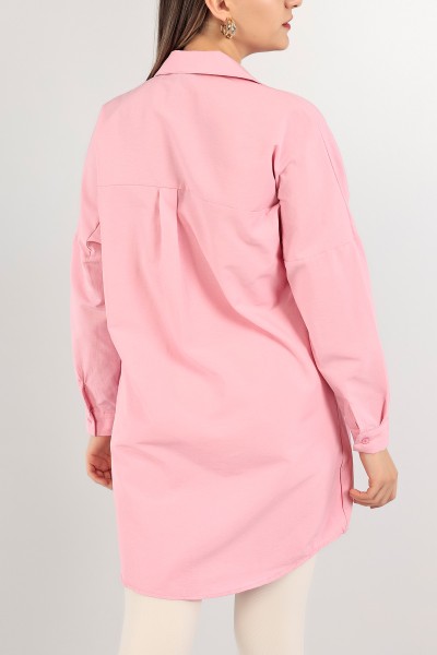 Pembe Çift Renk Cepli Poplin Gömlek Tunik 111013