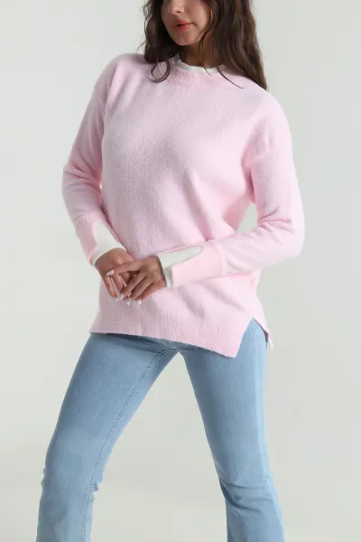 Pembe Çift Yaka Kolu Yırtmaçlı Kadın Triko Kazak 485250