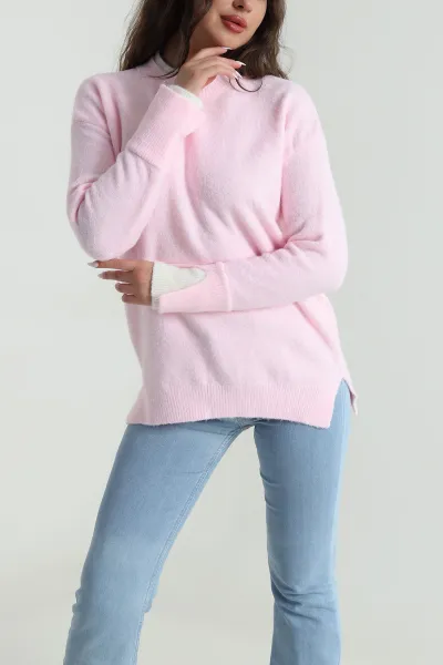 pembe-cift-yaka-kolu-yirtmacli-kadin-triko-kazak-485250