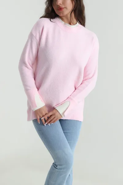 Pembe Çift Yaka Kolu Yırtmaçlı Kadın Triko Kazak 485250